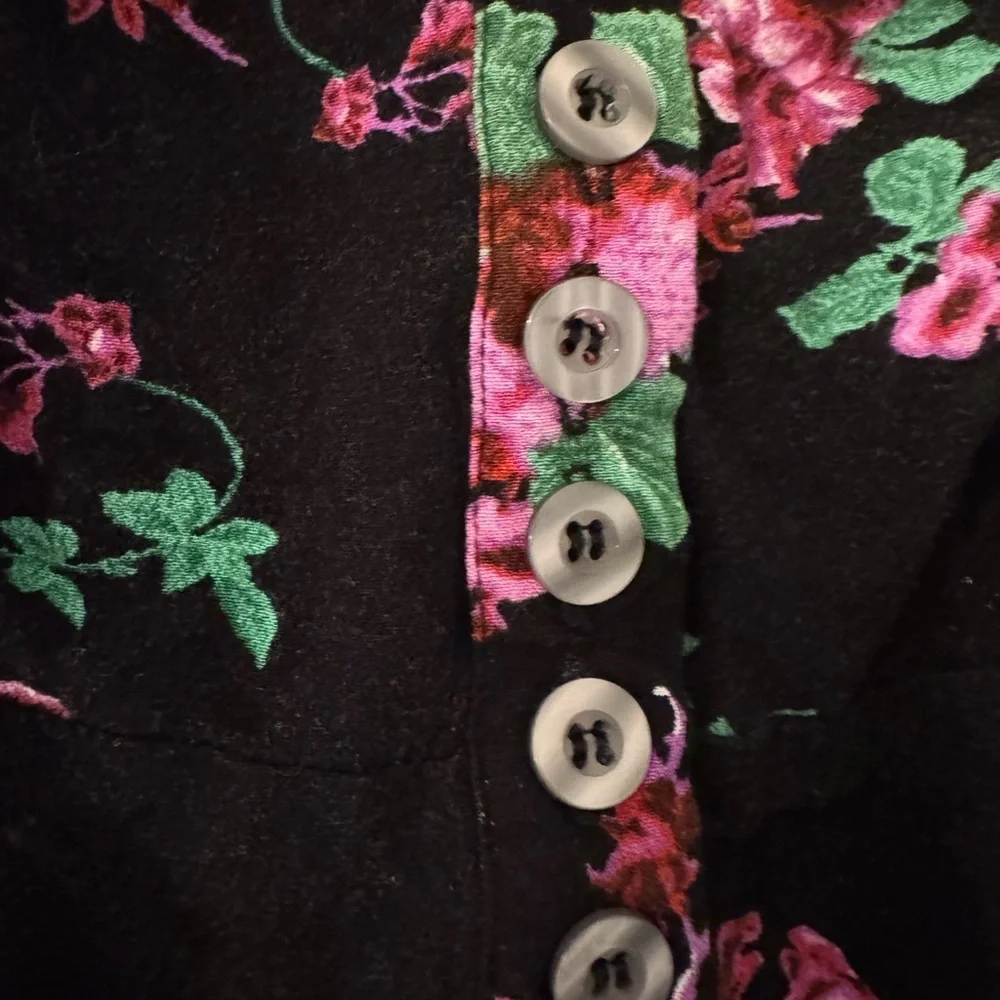 Free People Black Floral Blouse with Button Accents